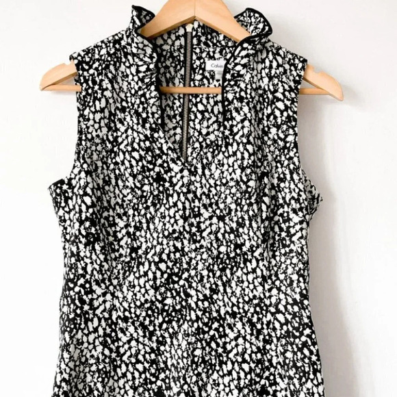 Calvin Klein Ruffle V Neck Sheath Dress Black White Dot Sz 8 - Picture 3 of 8